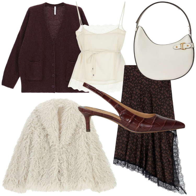Outfit donna - Crema e cioccolato. Stile Chic per Serata fuori. Abbinamento con ecopellicce, canottiere, gonne lunghe, cardigans, décolleté, borse a spalla.