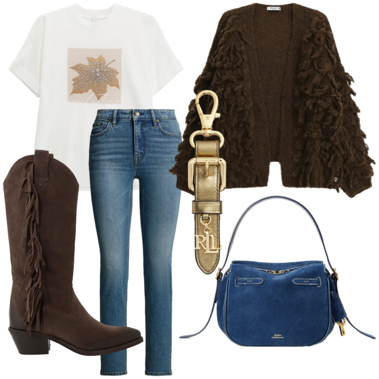 Outfit donna - Lo stivale protagonista. Stile Etnico per Tutti i giorni. Abbinamento con cardigans, t-shirt, stivali, borse a mano, portachiavi, jeans dritti.
