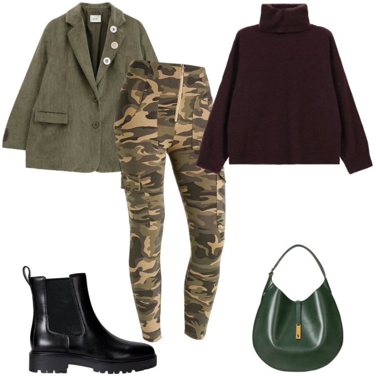 Outfit donna - Velvet Green: military. Stile Military per Tutti i giorni. Abbinamento con maglieria, pantaloni cargo, blazer, borse a spalla, stivaletti chelsea.
