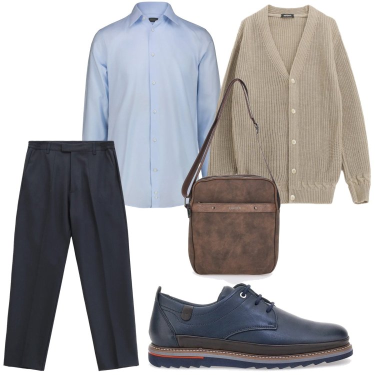 Outfit uomo - Il cardigan iconico. Stile Casual per Ufficio. Abbinamento con pantaloni, cardigans, portafogli, scarpe stringate, camicie.
