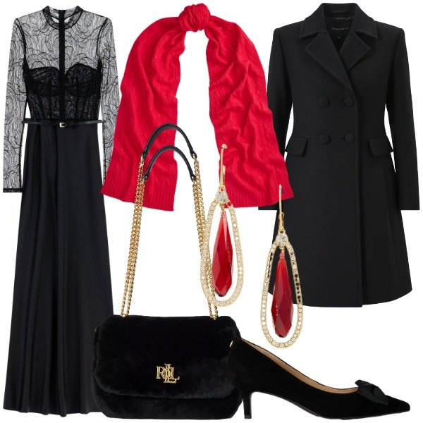 Outfit donna - Accessorio rosso. Stile Glamour per Serata fuori. Abbinamento con cappotti, vestiti lunghi, décolleté, sciarpe, borse a spalla, orecchini.