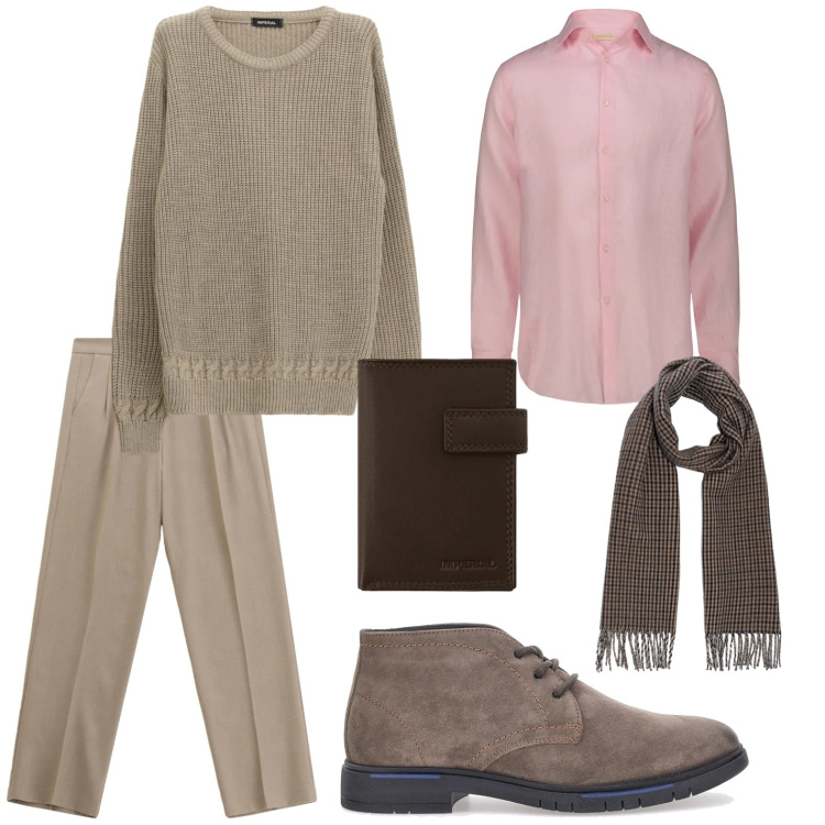 Outfit uomo - Gli accessori basici. Stile Trendy per Ufficio. Abbinamento con pantaloni, maglieria, portafogli, scarpe stringate, camicie, sciarpe.