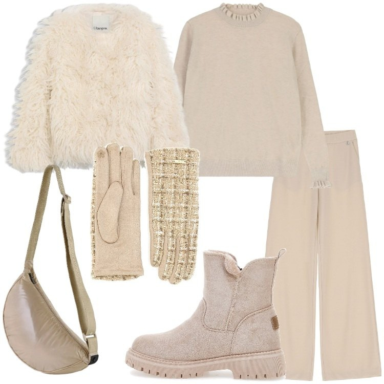 Outfit donna - A prova di freddo. Stile Urban per Tutti i giorni. Abbinamento con ecopellicce, pantaloni, maglieria, borse sportive, stivaletti, guanti.