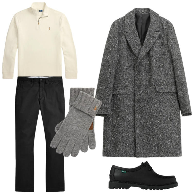 Outfit uomo - Il cappotto vincente. Stile Casual per Serata speciale. Abbinamento con cappotti, pantaloni, scarpe stringate, guanti, pullovers.