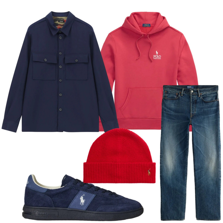 Outfit uomo - L\'emozione del rosso. Stile Trendy per Tutti i giorni. Abbinamento con camicie, jeans dritti, felpe con cappuccio, berretti, sneakers.