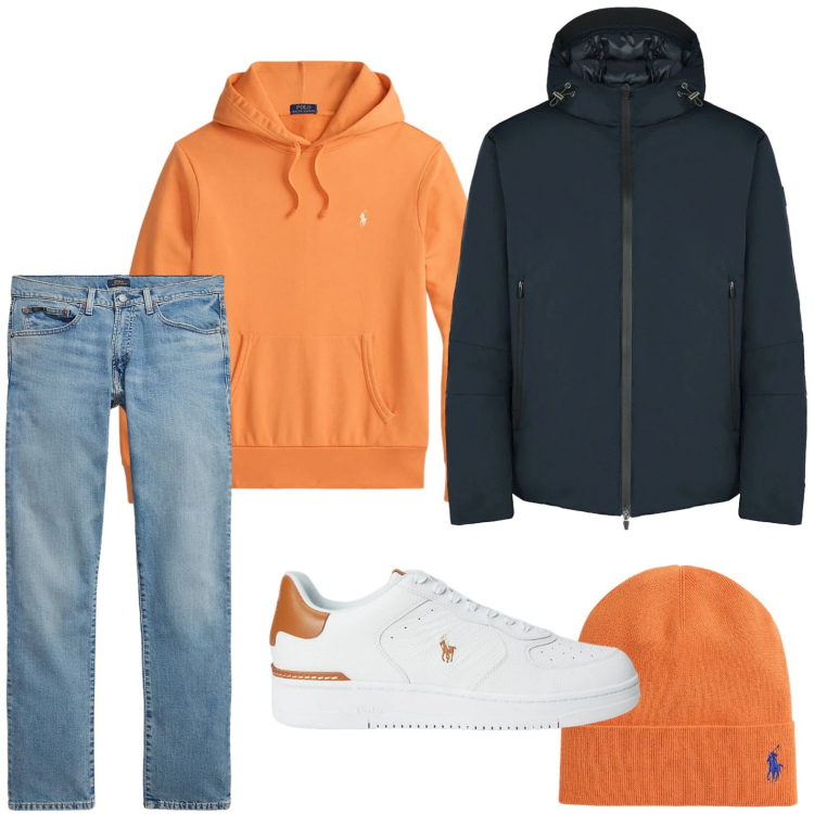 Outfit uomo - Arancio lovers. Stile Casual per Tutti i giorni. Abbinamento con sneakers, jeans, felpe con cappuccio, berretti, eskimo.
