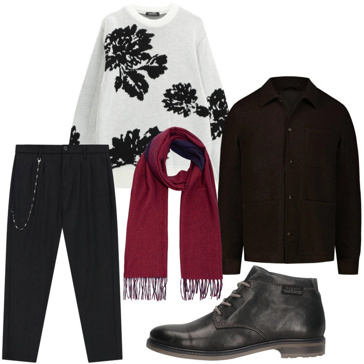 Outfit uomo - Touch red. Stile Trendy per Serata speciale. Abbinamento con pantaloni, pullovers, sciarpe, stivali e stivaletti, cappotti.