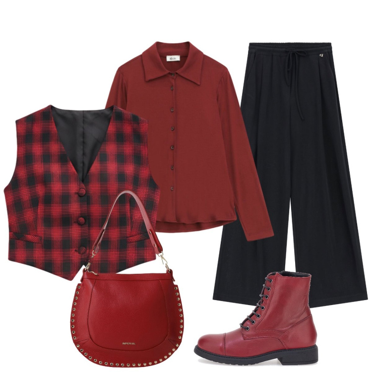 Outfit donna - Per le Feste il gilè a quadretti. Stile Glamour per Tutti i giorni. Abbinamento con gilet, borse a spalla, camicie, pantaloni a palazzo, anfibi.