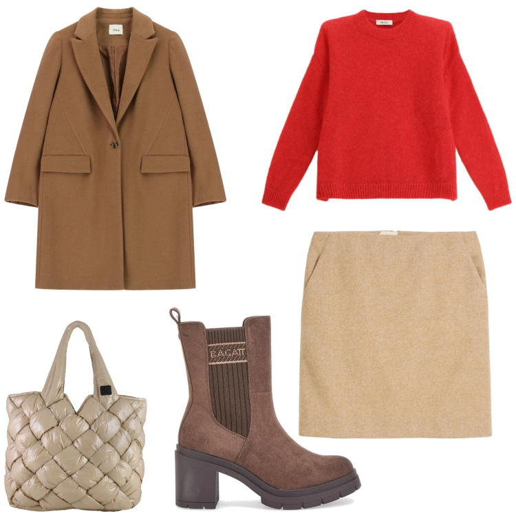 Outfit donna - Cappotto e minigonna. Stile Casual per Tutti i giorni. Abbinamento con gonne, cappotti, maglieria, borse tote, stivaletti chelsea.