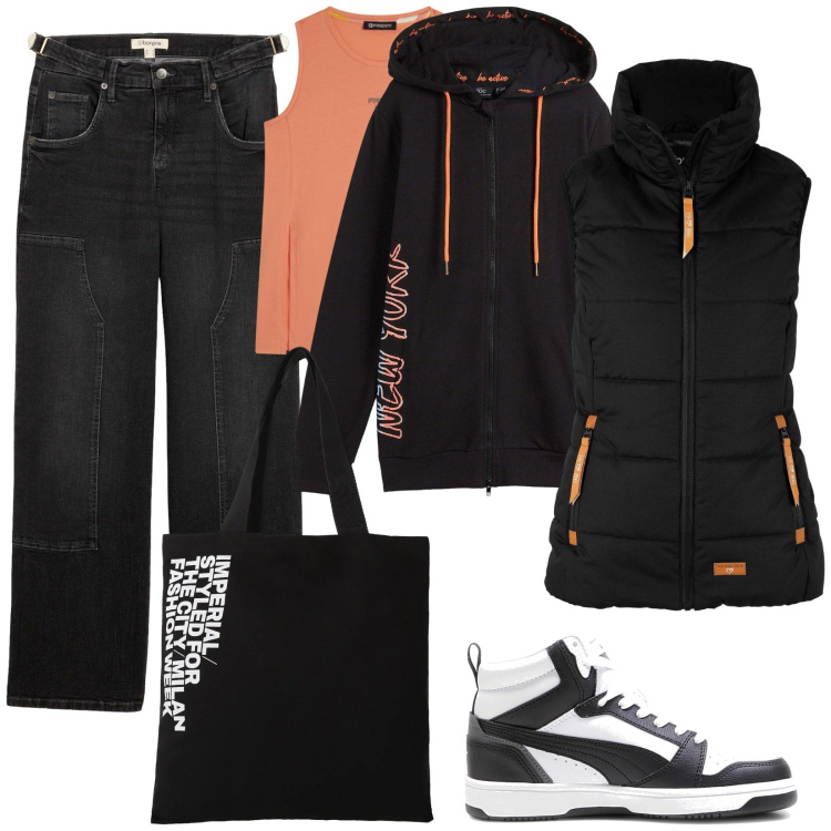 Outfit donna - Urban Style. Stile Urban per Tutti i giorni. Abbinamento con jeans, felpe con cappuccio, piumini, shopping bag, canottiere, sneakers.