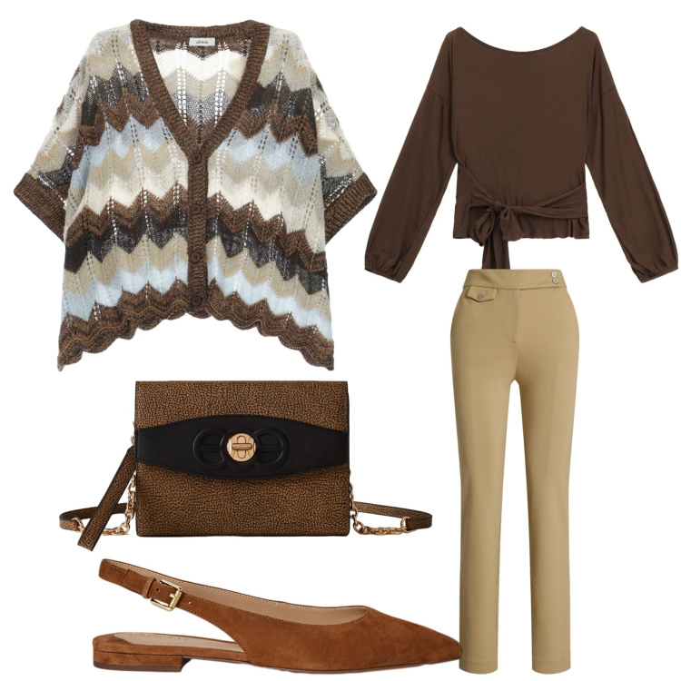 Outfit donna - Tonalita\' di marrone. Stile Casual per Ufficio. Abbinamento con borse a tracolla, top, cardigans, ballerine, pantaloni.