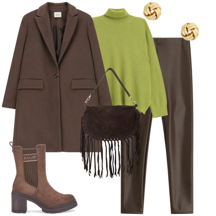 Outfit donna - City. Stile Urban per Tutti i giorni. Abbinamento con pantaloni skinny, maglieria, cappotti, borse a tracolla, orecchini, stivaletti chelsea.