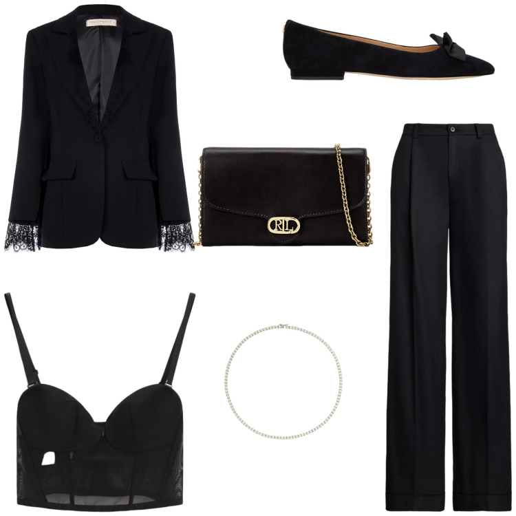 Outfit donna - Look giusto per le feste. Stile Chic per Cerimonia. Abbinamento con blazer, top, ballerine, borse a tracolla, pantaloni, collane.