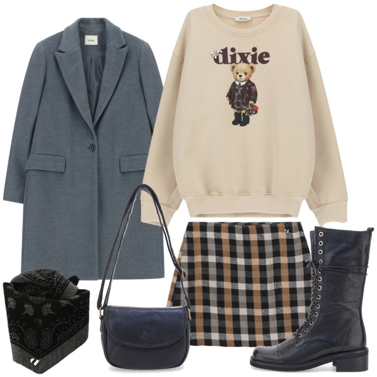 Outfit donna - Dixie Christmas style. Stile Casual chic per Tutti i giorni. Abbinamento con minigonne, foulard, felpe, cappotti, anfibi, borse a tracolla.