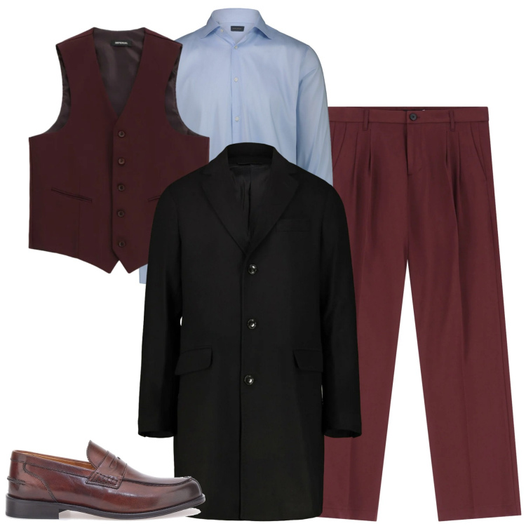 Outfit uomo - In città. Stile Trendy per Tutti i giorni. Abbinamento con pantaloni, gilet, cappotti, camicie, scarpe stringate.
