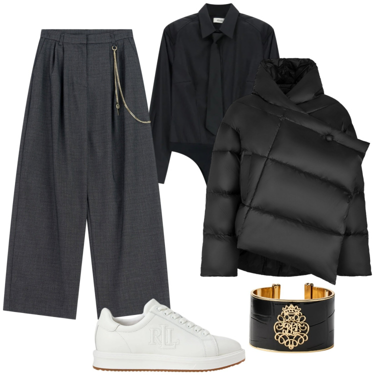 Outfit donna - Mannish Trendy. Stile Mannish per Serata fuori. Abbinamento con pantaloni a palazzo, camicie, piumini, sneakers, braccialetti.