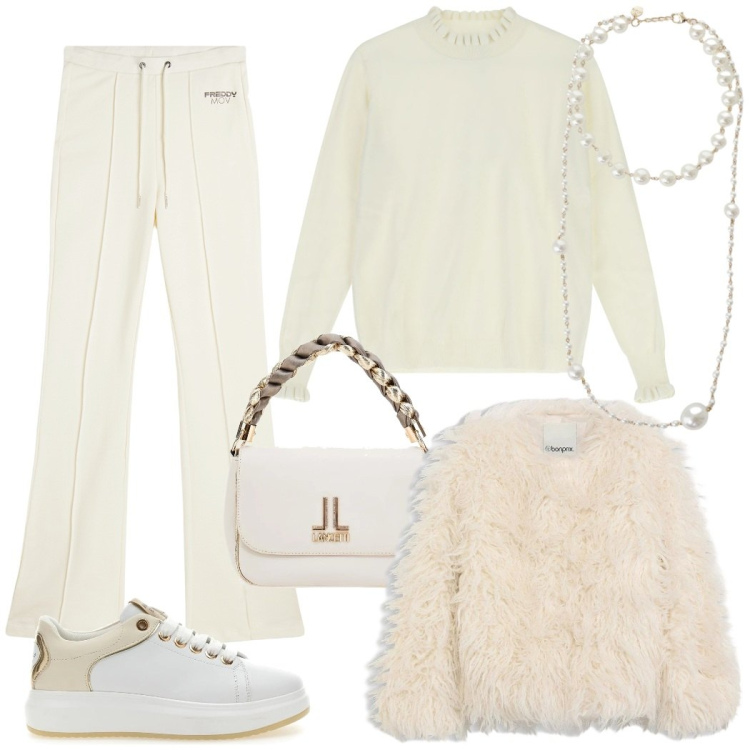 Outfit donna - Bianco per il nuovo anno. Stile Sporty chic per Tutti i giorni. Abbinamento con ecopellicce, pantaloni, maglieria, collane, sneakers, borse a tracolla.
