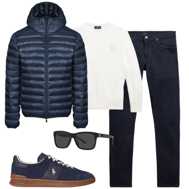 Outfit uomo - Dicembre. Stile Casual per Tutti i giorni. Abbinamento con maglieria, sneakers, jeans, occhiali da sole, bomber.