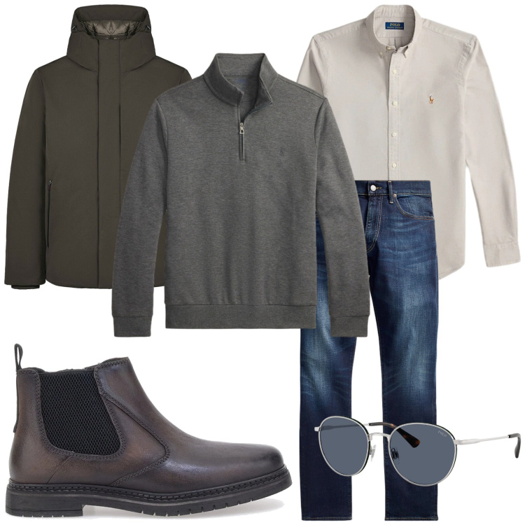 Outfit uomo - Il grigio per il week-end. Stile Urban per Tutti i giorni. Abbinamento con jeans, camicie, pullovers, occhiali da sole, parka, stivali e stivaletti.