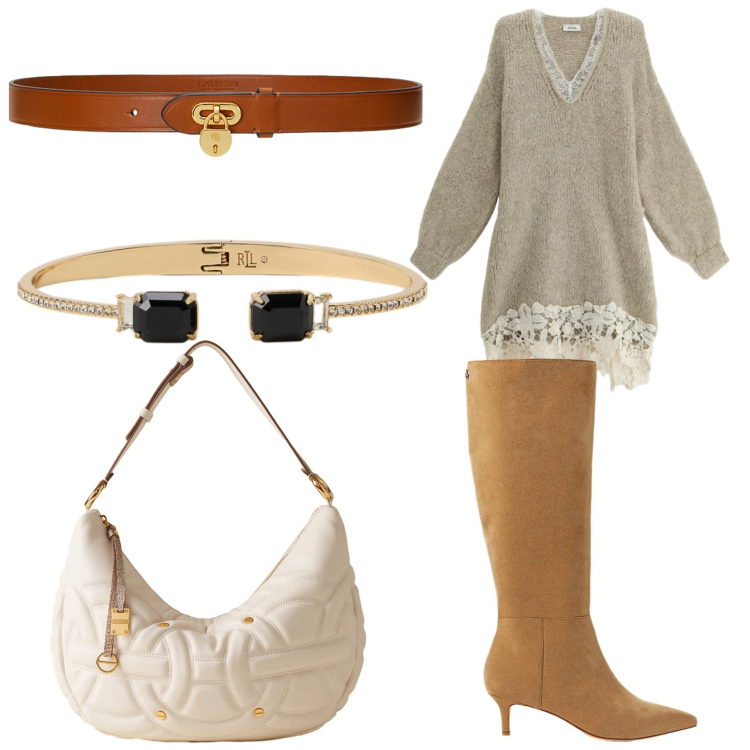 Outfit donna - Beige e cammello. Stile Casual chic per Tutti i giorni. Abbinamento con borse a spalla, vestiti corti, cinture, stivali, braccialetti.