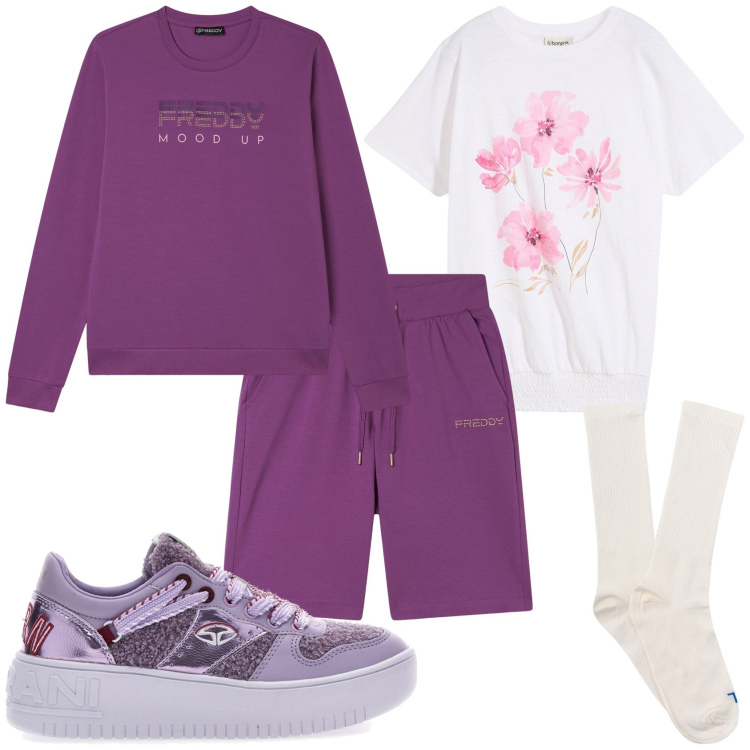 Outfit donna - Passeggiata sportiva. Stile Casual per Tutti i giorni. Abbinamento con t-shirt, bermuda, felpe, sneakers, calzini.