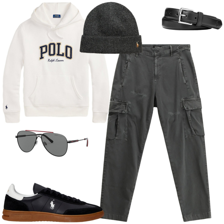 Outfit uomo - Dicembre. Stile Casual per Tutti i giorni. Abbinamento con pantaloni cargo, cinture, occhiali da sole, berretti, sneakers, felpe con cappuccio.