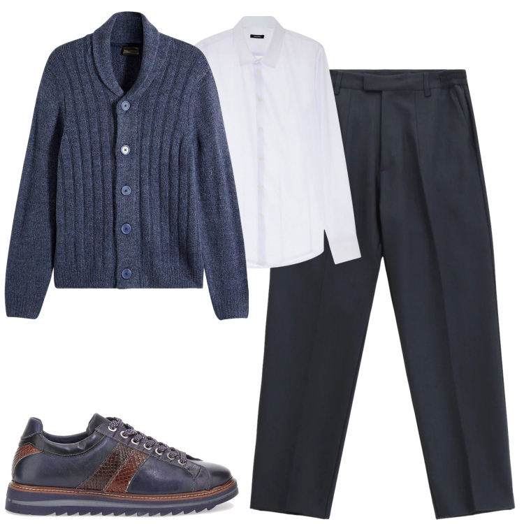 Outfit uomo - In ufficio. Stile Urban per Tutti i giorni. Abbinamento con cardigans, camicie, pantaloni, scarpe stringate.