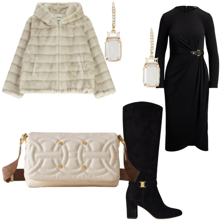 Outfit donna - Dicembre in ecopelliccia. Stile Glamour per Serata fuori. Abbinamento con borse a tracolla, blazer, vestiti, stivali, orecchini.