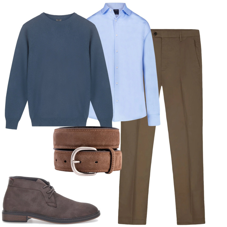 Outfit uomo - Total look #2300245. Stile Urban per Ufficio. Abbinamento con camicie, scarpe stringate, cinture, maglieria, pantaloni.
