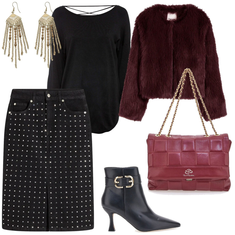 Outfit donna - Serata di festa. per Serata fuori. Abbinamento con gonne longuette, maglieria, ecopellicce, orecchini, stivaletti, borse a tracolla.
