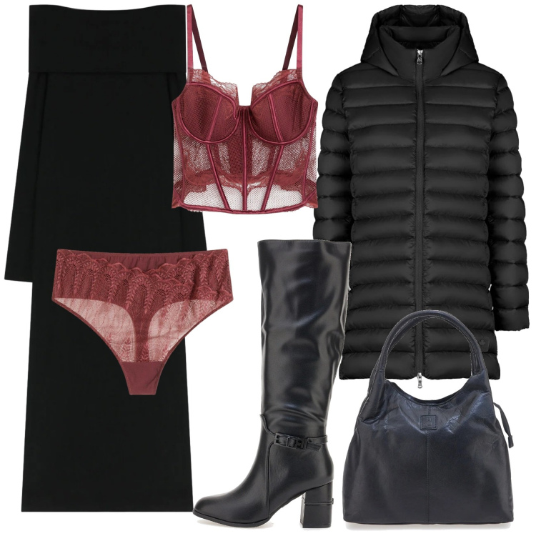 Outfit donna - Intimo rosso. Stile Sexy per Serata fuori. Abbinamento con bralette, perizomi, vestiti lunghi, piumini, stivali, borse a mano.