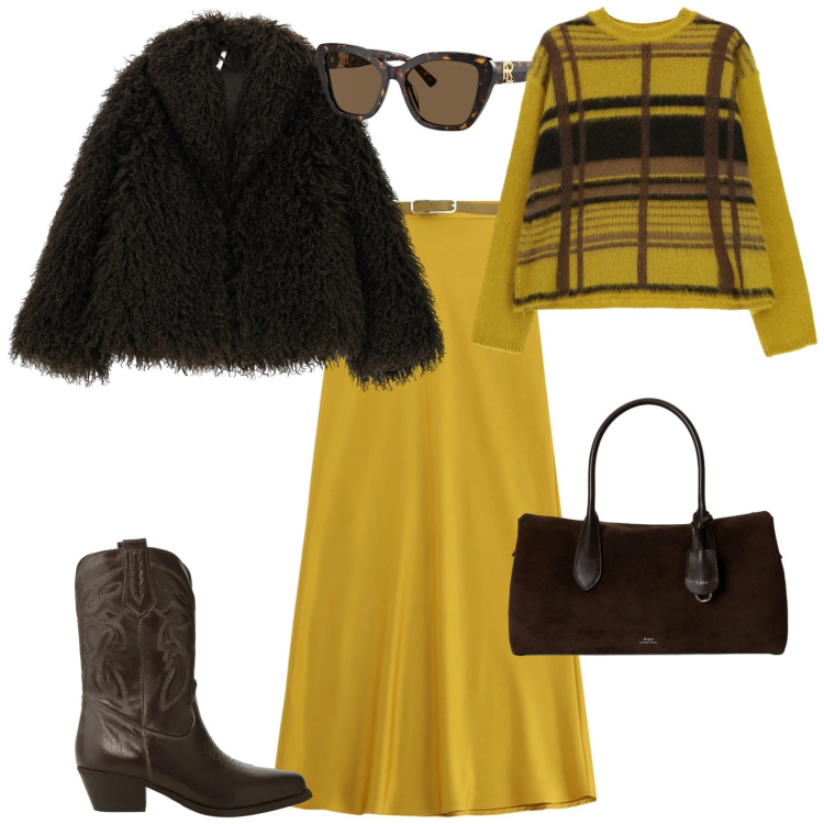 Outfit donna - Casual chic cioccolato e giallo. Stile Casual chic per Tutti i giorni. Abbinamento con ecopellicce, gonne lunghe, maglieria, stivali, occhiali da sole, borse a mano.