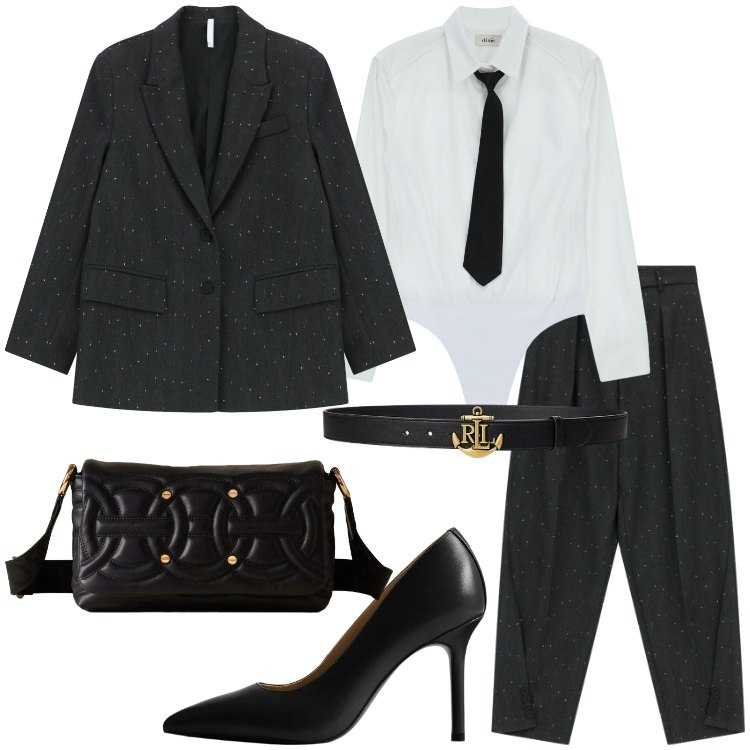 Outfit donna - Natale in mannish. Stile Mannish per Serata fuori. Abbinamento con blazer, pantaloni, borse a tracolla, camicie, cinture, décolleté.