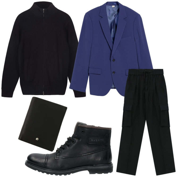 Outfit uomo - Blu e nero combo elegante. Stile Casual per Serata speciale. Abbinamento con giacche, portafogli, pantaloni cargo, anfibi, cardigans.