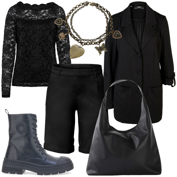 Outfit donna - Collana con ciondoli. Stile Rock per Tutti i giorni. Abbinamento con bermuda, maglieria, blazer, shopping bag, collane, anfibi.