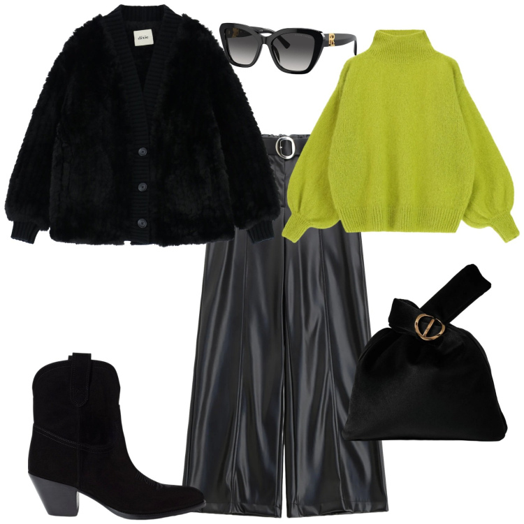 Outfit donna - Casual chic nero lime. Stile Casual chic per Tutti i giorni. Abbinamento con pantaloni, borse a mano, blazer, maglieria, occhiali da sole, stivaletti.