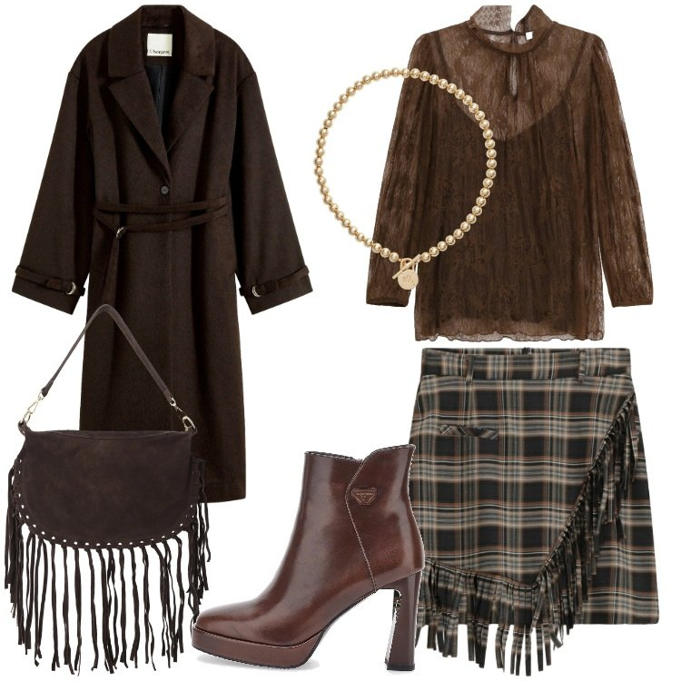 Outfit donna - Outfit scozzese boho chic style. Stile Boho per Serata fuori. Abbinamento con cappotti, minigonne, bluse, borse a tracolla, collane, stivaletti.