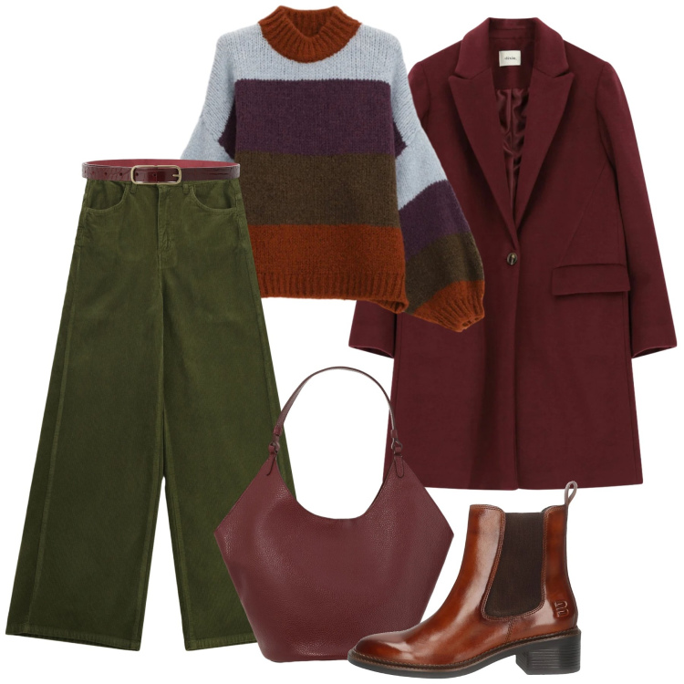 Outfit donna - Colori in trend. Stile Sporty chic per Tutti i giorni. Abbinamento con pantaloni a palazzo, cappotti, maglieria, cinture, borse a spalla, stivaletti chelsea.
