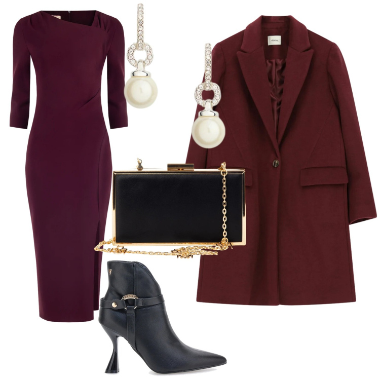 Outfit donna - Feste e festini. per Serata fuori. Abbinamento con vestiti a tubino, pochette, cappotti, orecchini, stivaletti.