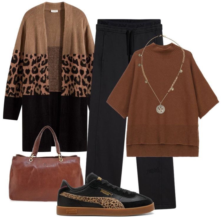 Outfit donna - Stile per il tempo libero. Stile Sporty chic per Tutti i giorni. Abbinamento con cardigans, maglieria, pantaloni, ciondoli, sneakers, borse a tracolla.