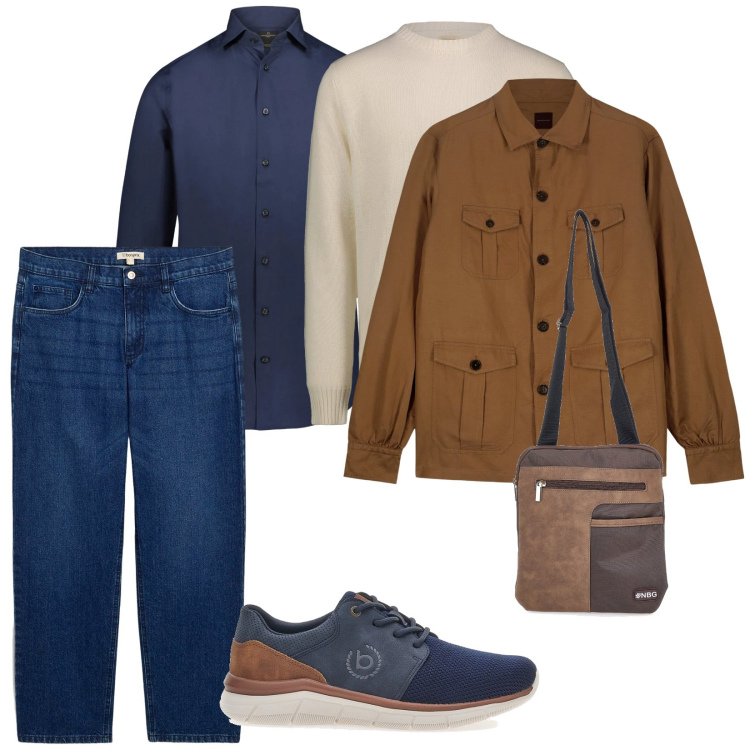 Outfit uomo - Colori autunno. per Tutti i giorni. Abbinamento con jeans dritti, camicie, scarpe stringate, cappotti, borse sportive, maglieria.