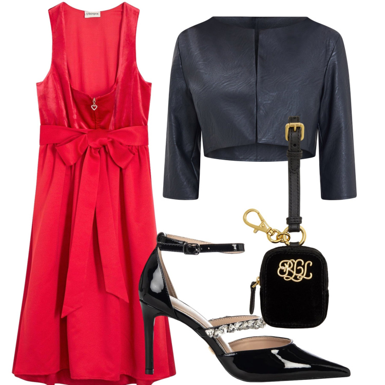 Outfit donna - Eleganza Moderna in Velluto Rosso. Stile Glamour per Cerimonia. Abbinamento con vestiti midi/longuette, bolero, décolleté, pochette.