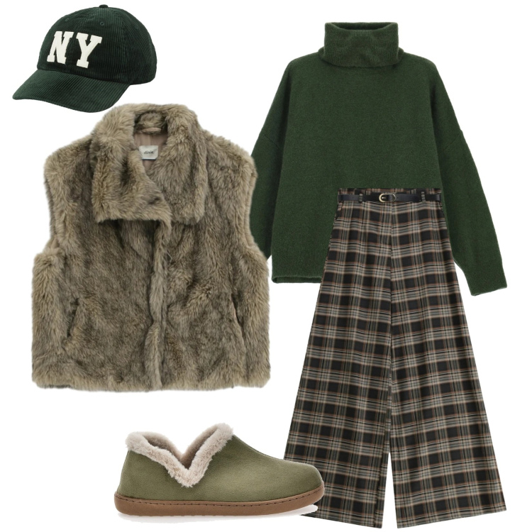 Outfit donna - Eventi invernali. Stile Sporty chic per Serata fuori. Abbinamento con pantaloni a palazzo, maglieria, camicie, cappelli, pantofole.