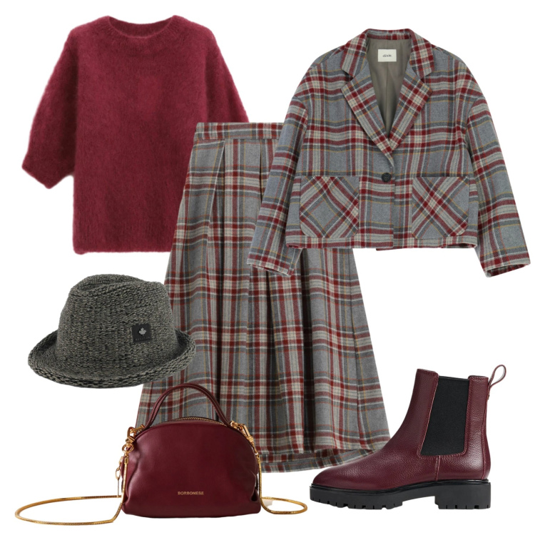 Outfit donna - Scozzese alternativo. Stile Trendy per Tutti i giorni. Abbinamento con gonne lunghe, borse a mano, blazer, maglieria, stivaletti chelsea, cappelli.