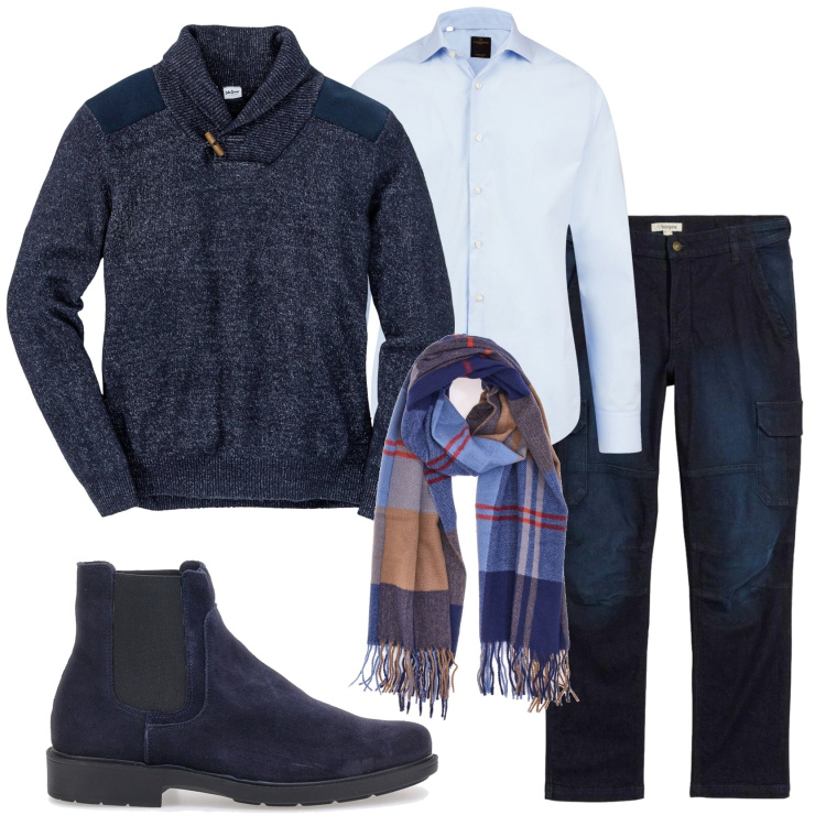 Outfit uomo - Total look #2300271. Stile Casual per Tutti i giorni. Abbinamento con maglieria, jeans dritti, sciarpe, stivali e stivaletti, camicie.