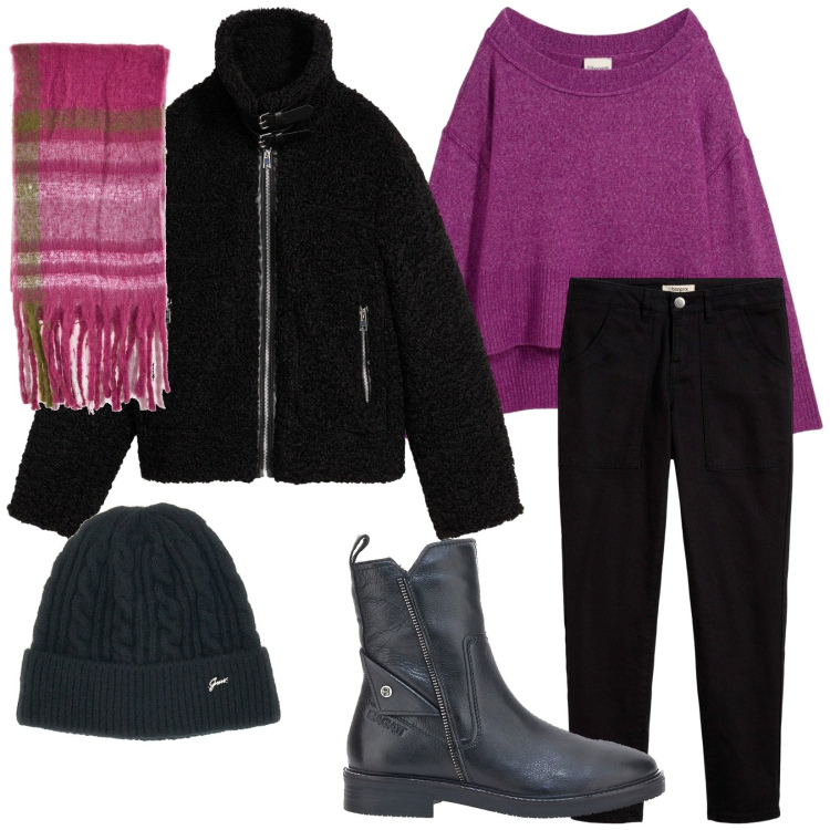 Outfit donna - Dicembre soft. Stile Casual per Tutti i giorni. Abbinamento con pantaloni, ecopellicce, maglieria, stivaletti, berretti, sciarpe.