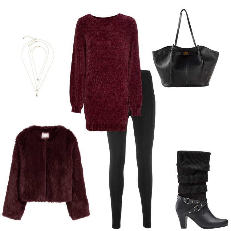 Outfit donna - Confort Christmas. Stile Casual chic per Serata fuori. Abbinamento con ecopellicce, stivali, leggings, shopping bag, maglieria, collane.