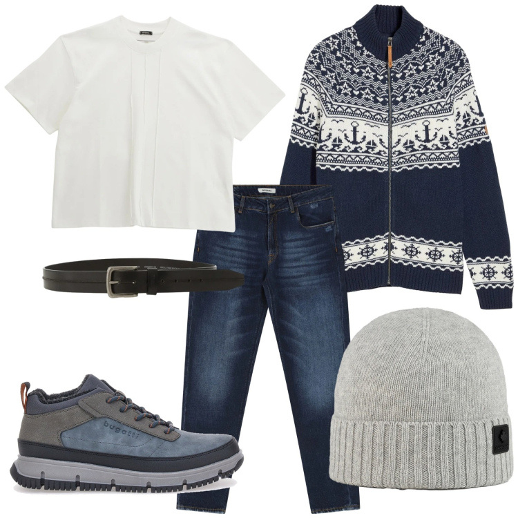 Outfit uomo - Stile nordico. Stile Casual per Tutti i giorni. Abbinamento con cardigans, jeans dritti, t-shirt, cinture, berretti, stivali e stivaletti.