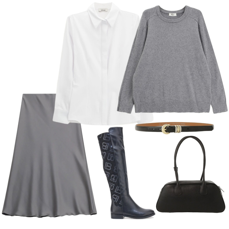 Outfit donna - Grey & white. Stile Casual chic per Tutti i giorni. Abbinamento con cinture, pullovers, borse a mano, camicie, gonne longuette, stivali sopra il ginocchio.