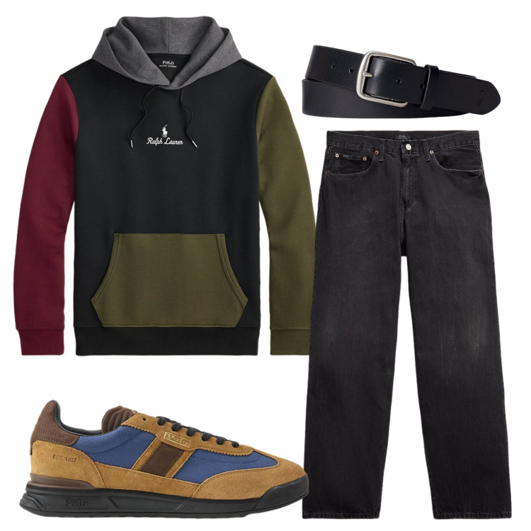 Outfit uomo - Total look #2300277. Stile Casual per Tutti i giorni. Abbinamento con cinture, sneakers, felpe con cappuccio, jeans.